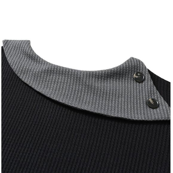Black Waffle Knit Patchwork Color Block Asymmetrical Neck Top New S, M - Picture 4 of 10